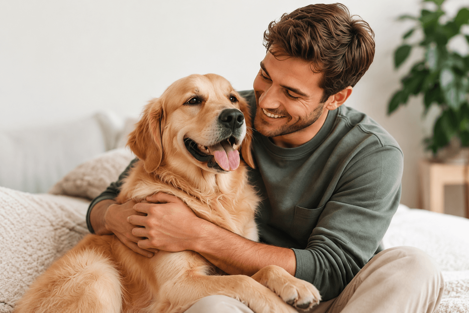 A smiling owner cuddling his relaxed Golden Retriever at home